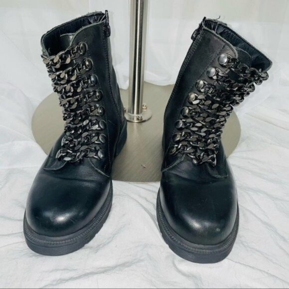 OVYÉ Genuine Leather Chain Lace Up Combat Boots in Black - Picture 3 of 8